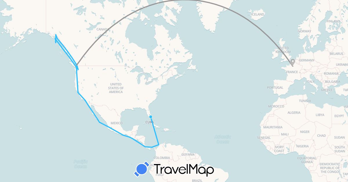 TravelMap itinerary: plane, boat in Canada, Colombia, Costa Rica, France, Guatemala, Mexico, Panama, United States (Europe, North America, South America)